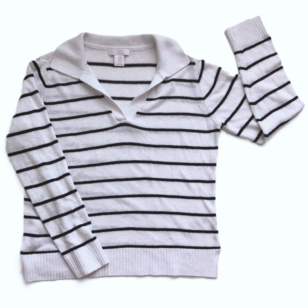 Halston Collared Sweater Linen Blend Black White Striped V-Neck Polo Size M